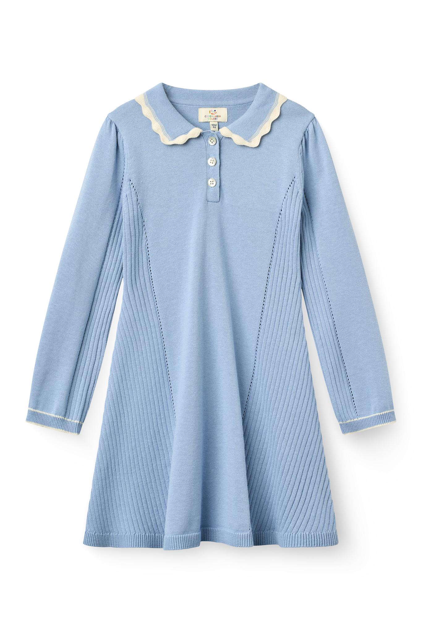 Copenhagen Colors Long Sleeve Knitted Peplum Dress in Endless Blue Comb — knit peplum dress for girls
