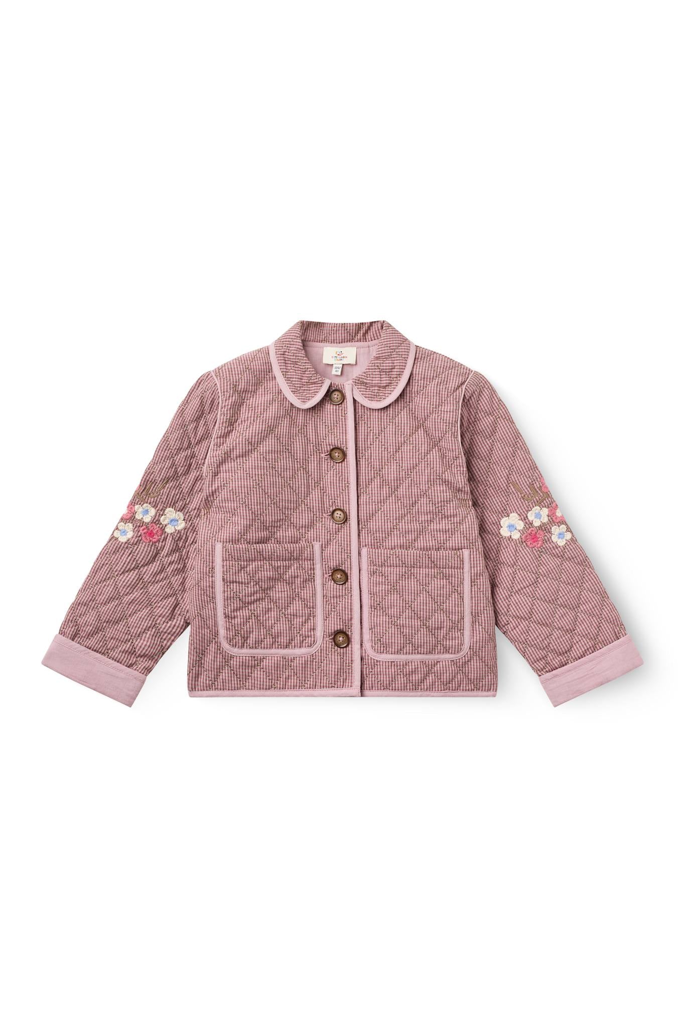 Copenhagen Colors Checkered Quilted Jacket with Embroidery in Winter Rose Check Comb — girls' quilted check jacket