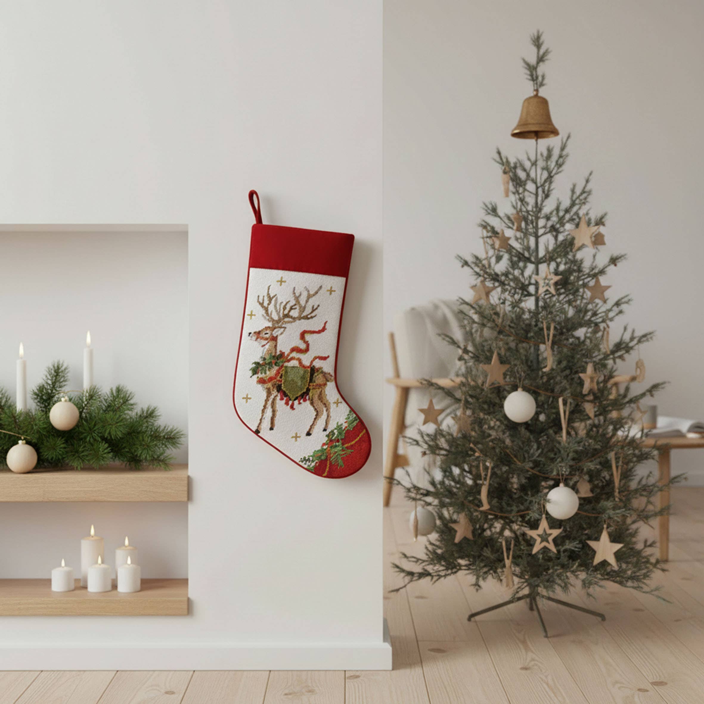 Reindeer w/Wreath Embroidered Stocking