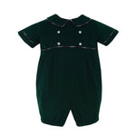 Claire & Charlie green corduroy baby boy short bubble, short sleeve