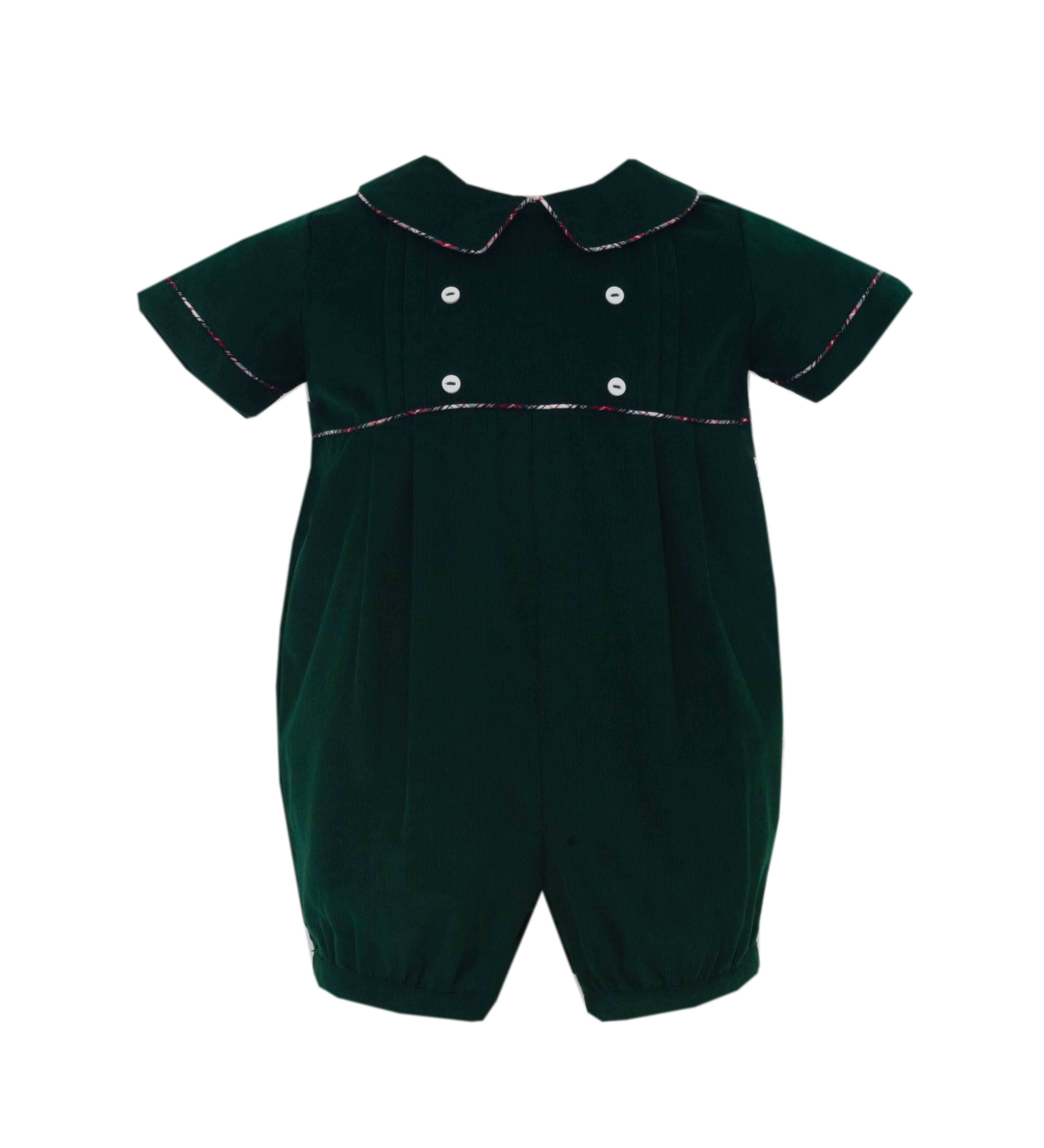 Claire & Charlie green corduroy baby boy short bubble, short sleeve