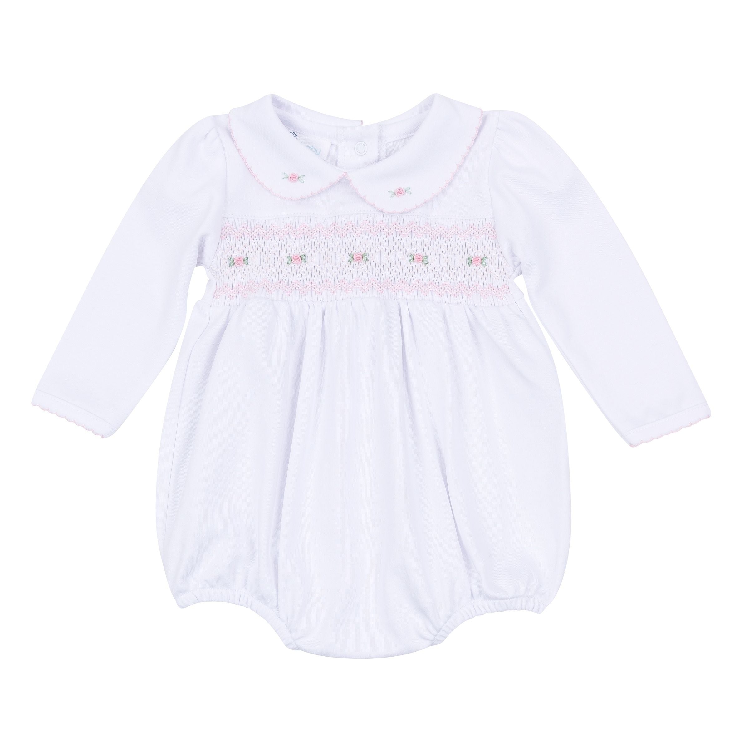 Grace and George White Pink Smocked Collared L/S Girl Bubble