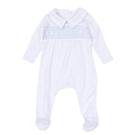Grace and George White Light Blue Smocked Collared Boy Footie