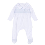 Grace and George White Light Blue Smocked Collared Boy Footie