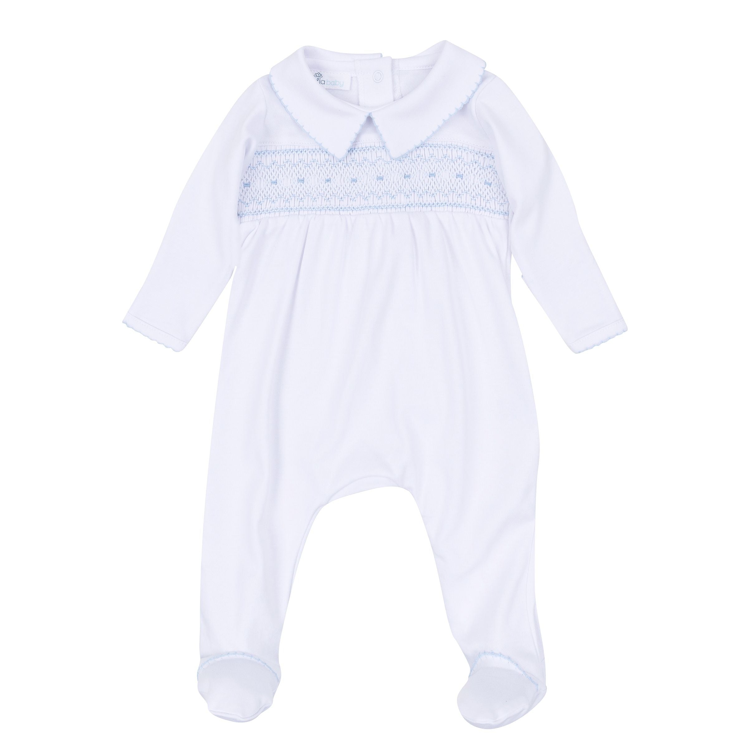 Grace and George White Light Blue Smocked Collared Boy Footie