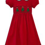 Anavini Christmas Tree red corduroy girls dress, short sleeve
