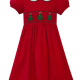 Anavini Christmas Tree red corduroy girls dress, short sleeve