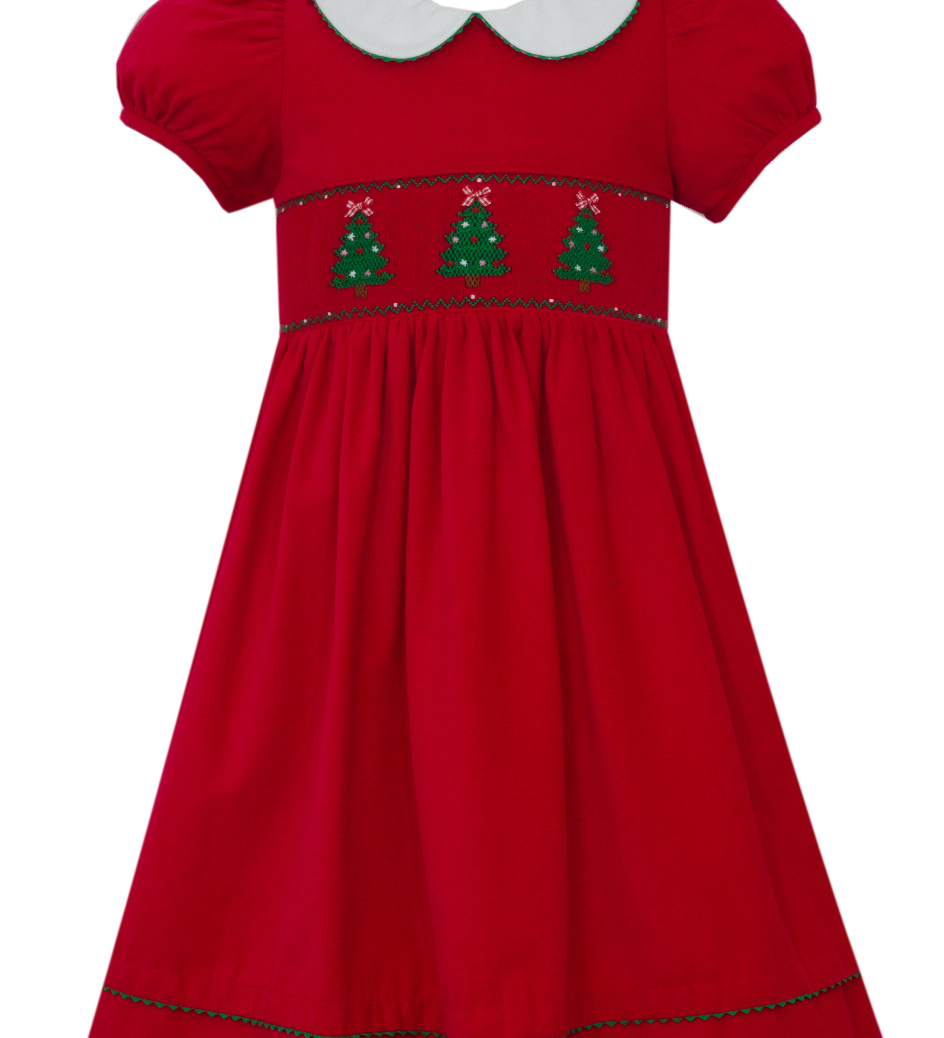 Anavini Christmas Tree red corduroy girls dress, short sleeve