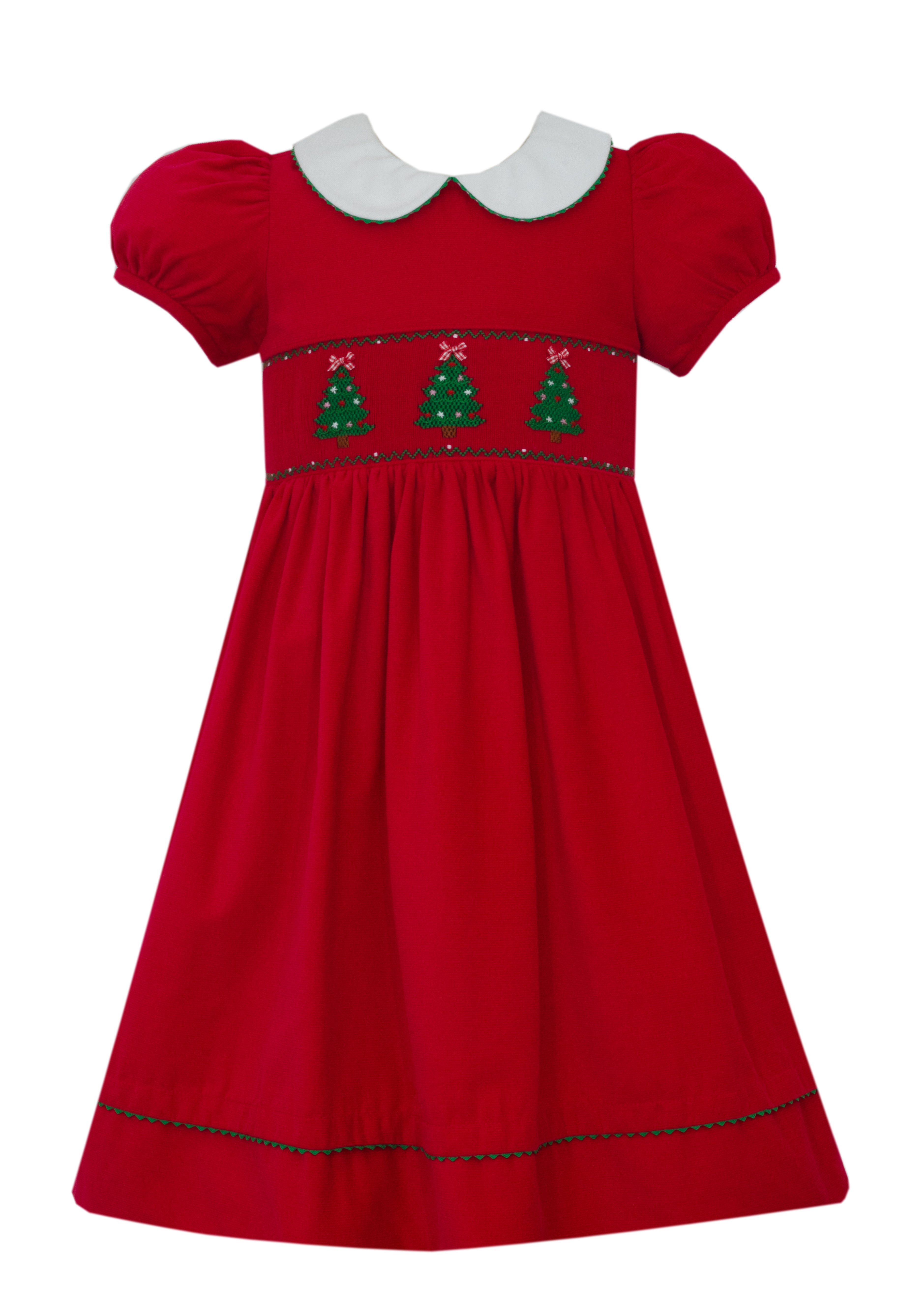 Anavini Christmas Tree red corduroy girls dress, short sleeve