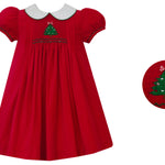 Anavini Christmas Tree red corduroy baby girl float dress, short sleeve