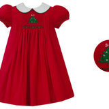 Anavini Christmas Tree red corduroy baby girl float dress, short sleeve