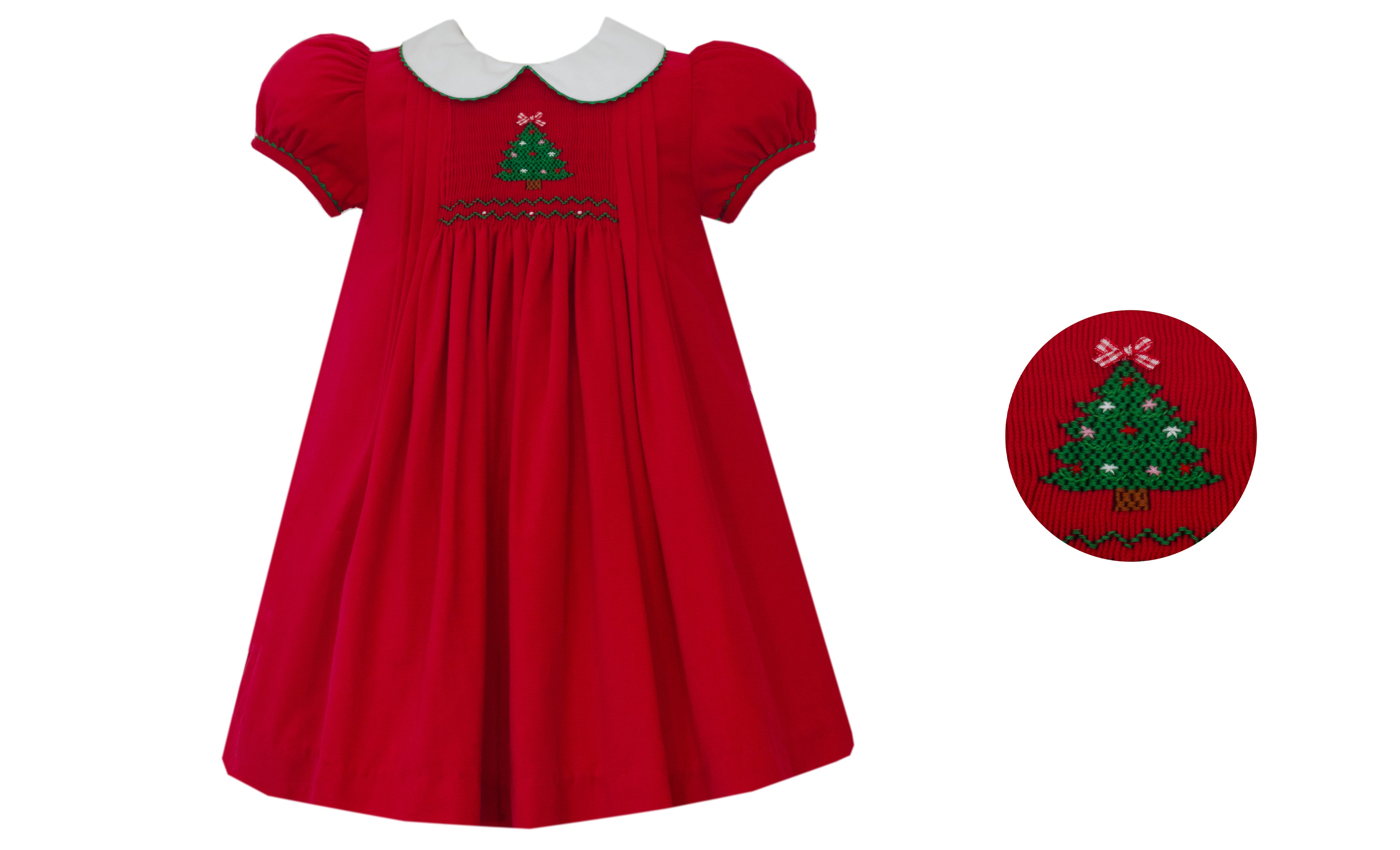 Anavini Christmas Tree red corduroy baby girl float dress, short sleeve