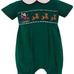 Anavini Santa Sleigh green corduroy smocked boys short bubble