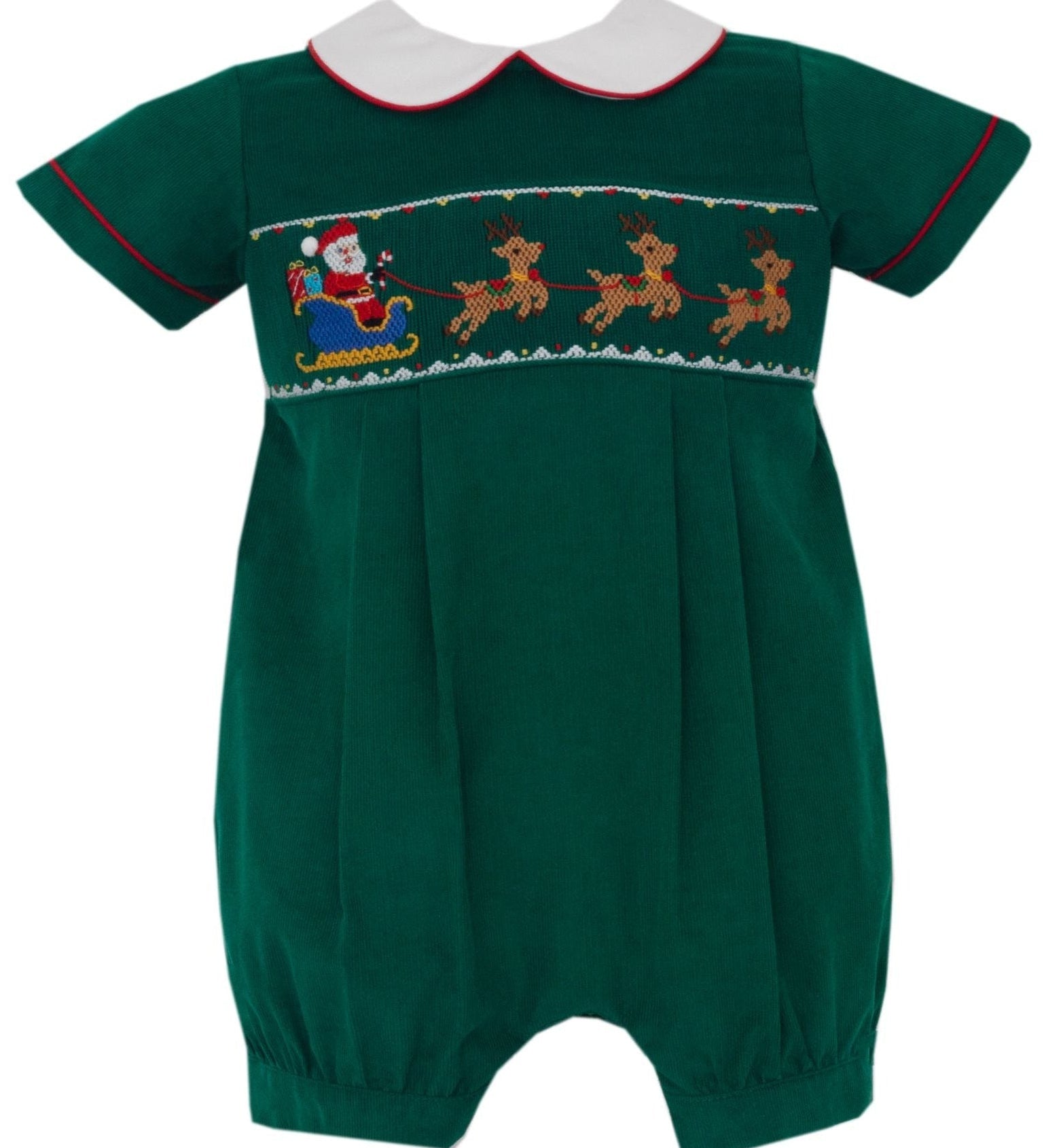 Anavini Santa Sleigh green corduroy smocked boys short bubble