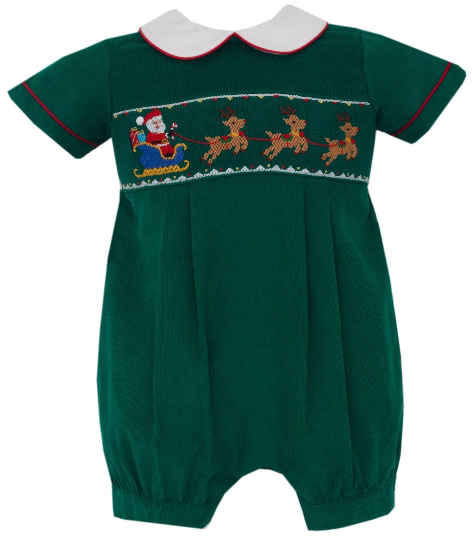 Anavini Santa Sleigh green corduroy smocked boys short bubble