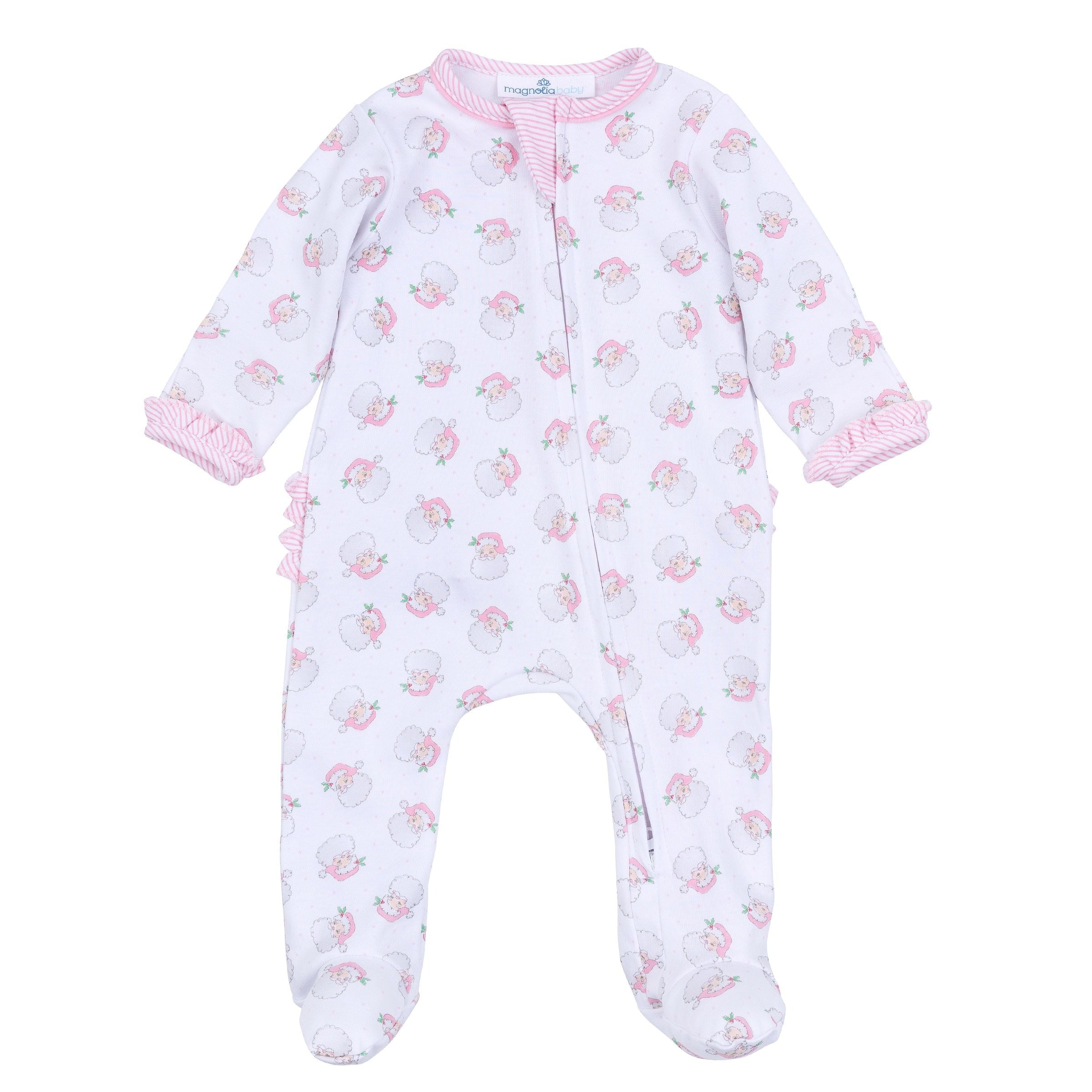 Santa Baby Pink Printed Ruffle Zipper Footie