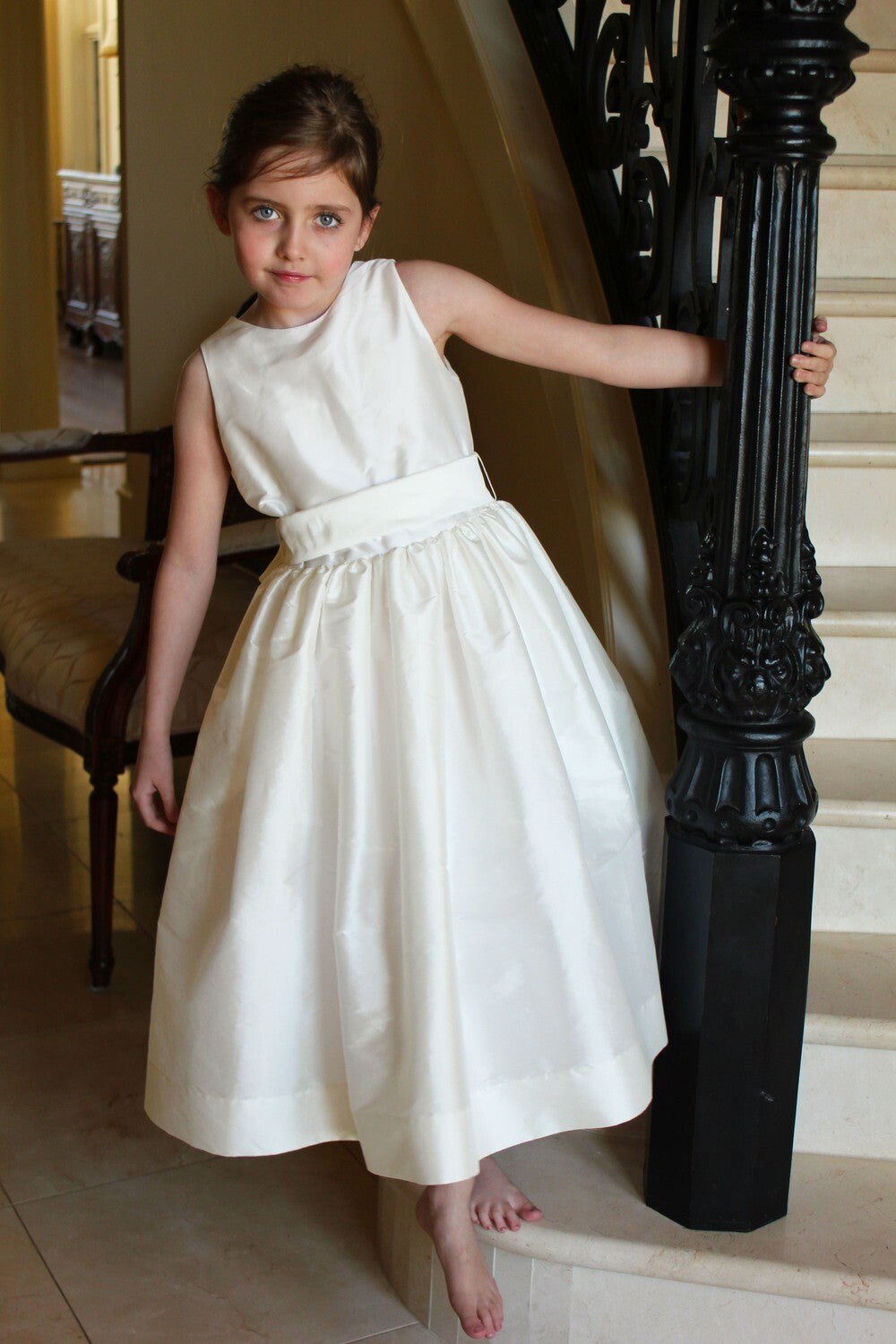 Sussane Lively Solid Tafetta Dress with Sash- Ivory