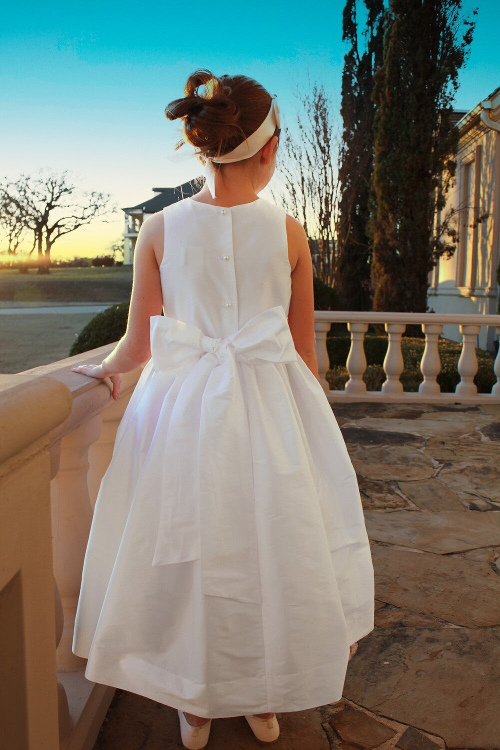 Sussane Lively Solid Tafetta Dress with Sash- Ivory