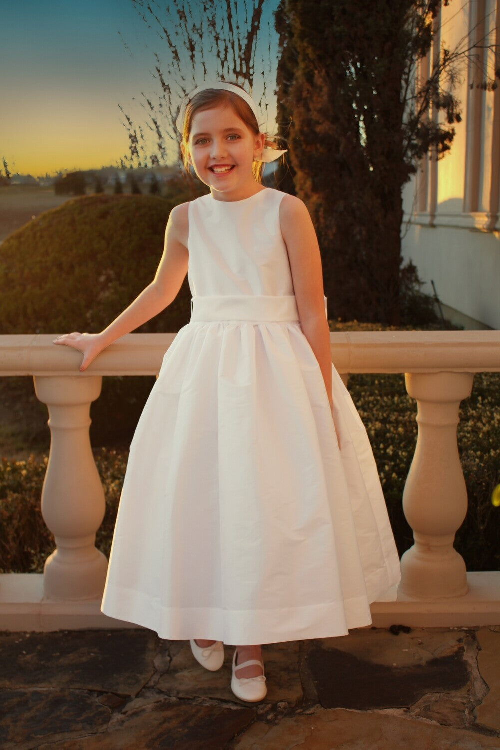 Sussane Lively Solid Tafetta Dress with Sash- Ivory