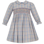 Anavini LUCIA pink and blue plaid float dress with scalloped collar, long sleeve