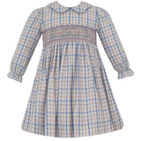 Anavini LUCIA pink and blue plaid float dress with scalloped collar, long sleeve