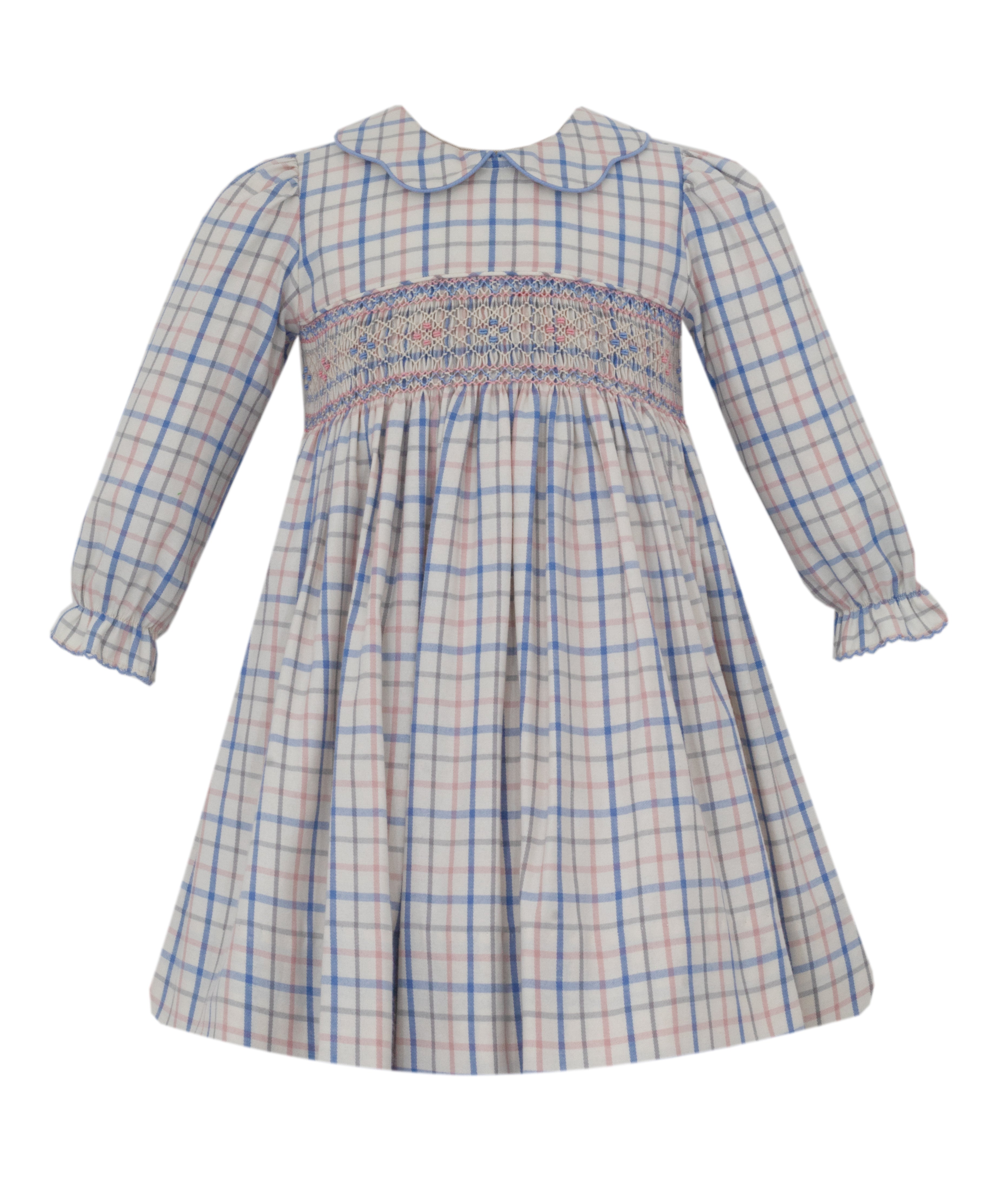 Anavini LUCIA pink and blue plaid float dress with scalloped collar, long sleeve