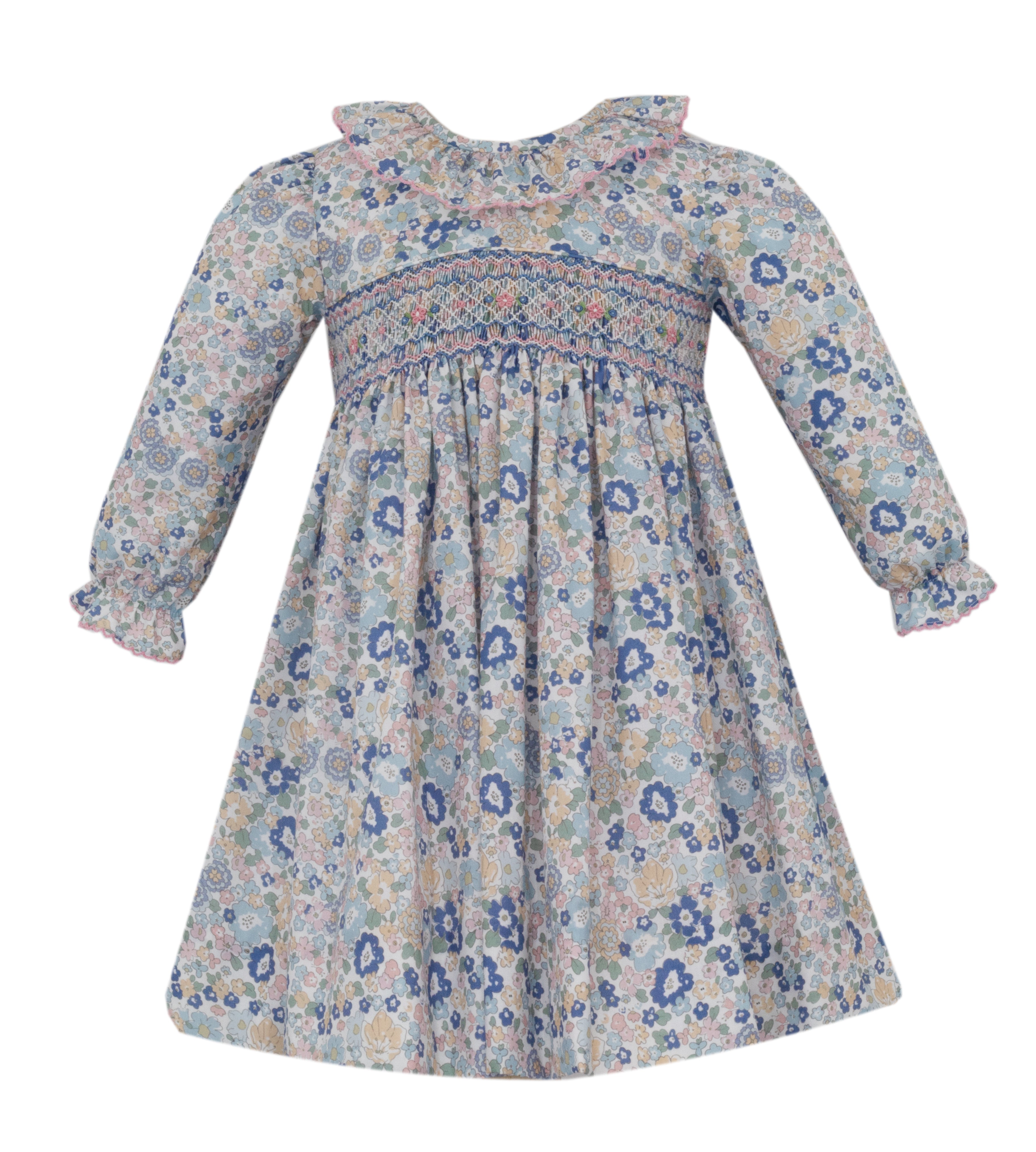 Anavini ALEXANDRA blue and pink Liberty floral float dress with ruffle collar, long sleeve