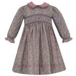 Anavini GISELLE green and pink multi floral float dress with pink ruffle collar, long sleeve