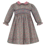 Anavini GISELLE green and pink multi floral float dress with pink ruffle collar, long sleeve
