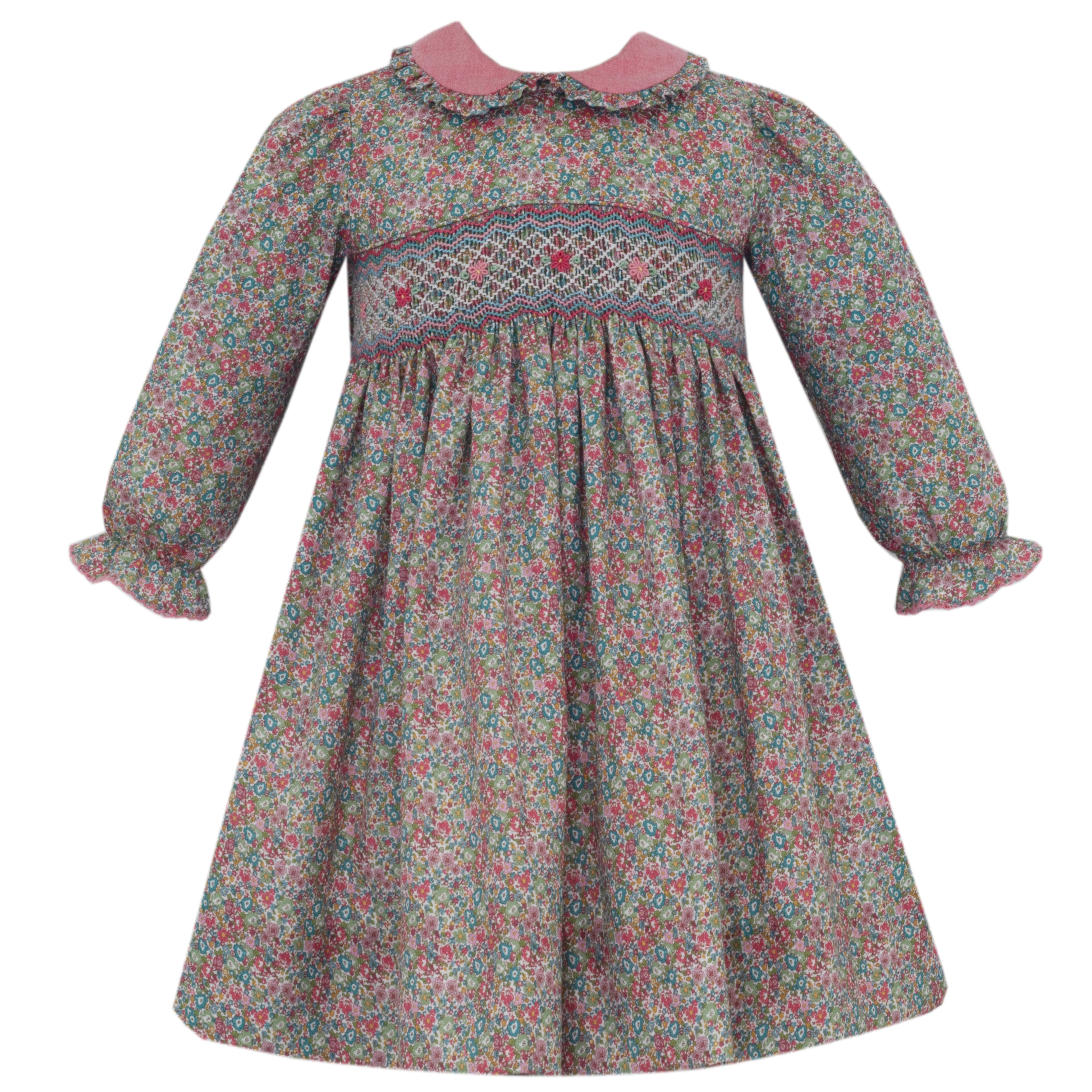 Anavini GISELLE green and pink multi floral float dress with pink ruffle collar, long sleeve