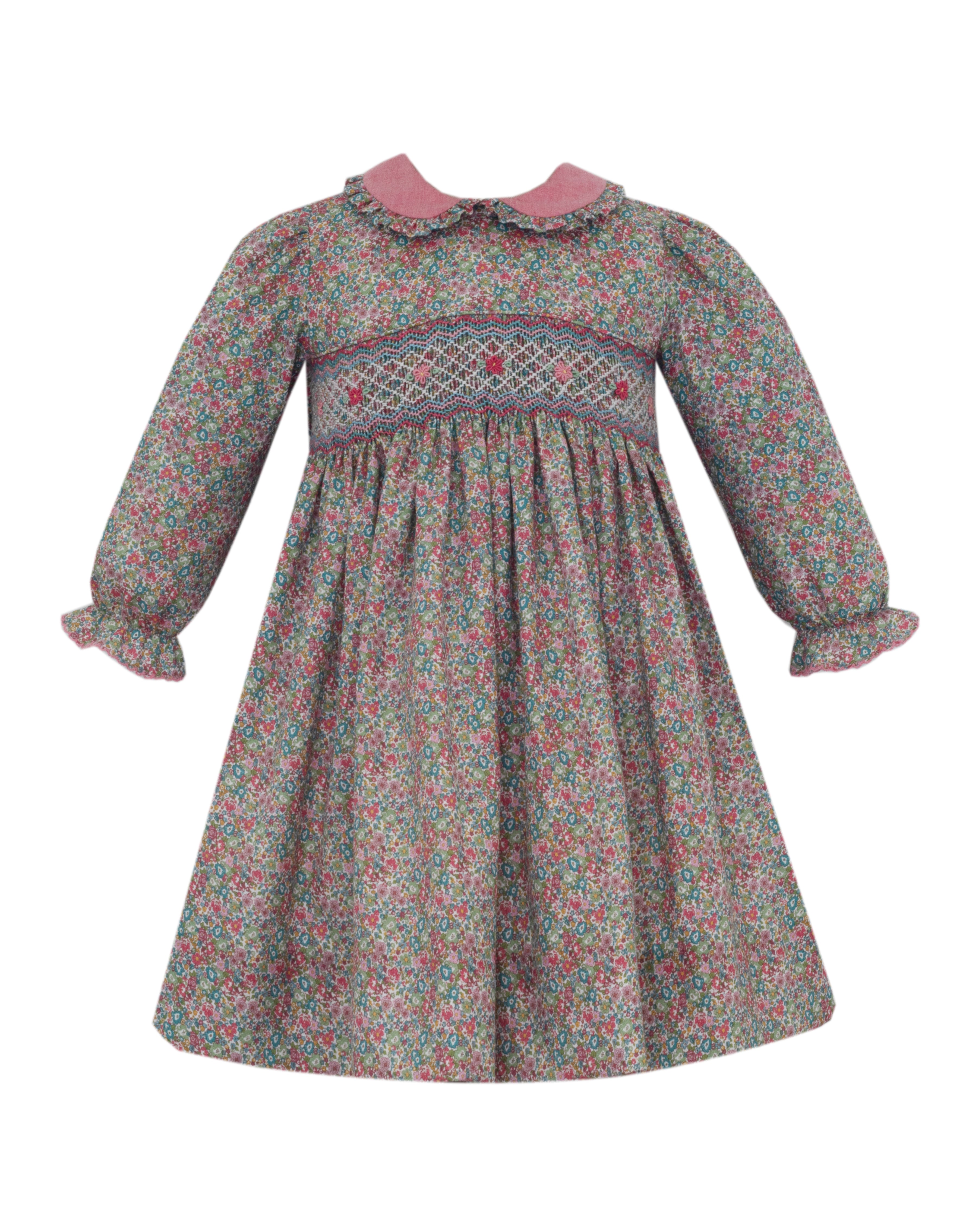 Anavini GISELLE green and pink multi floral float dress with pink ruffle collar, long sleeve