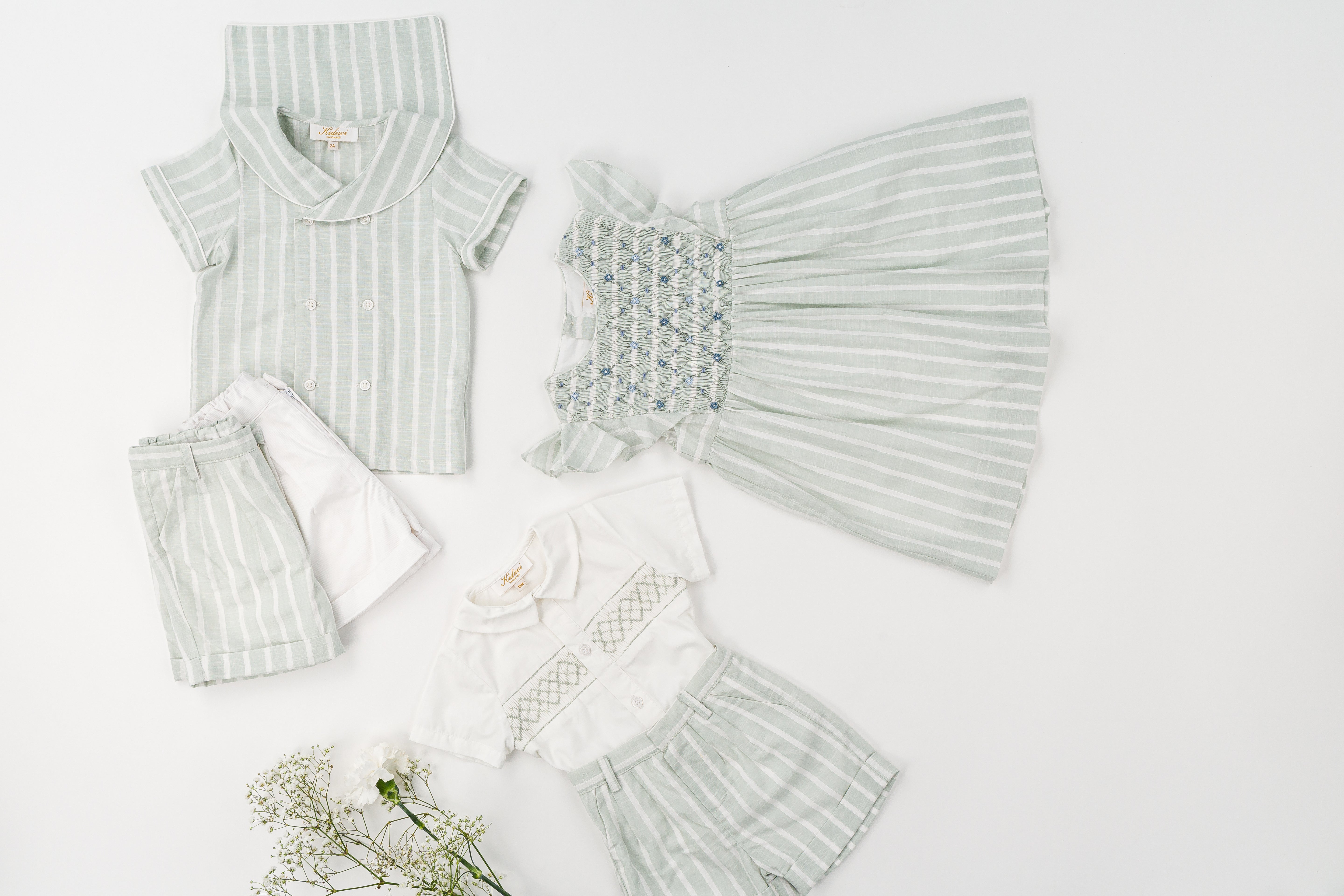 Kidiwi Benoit Smocked Boy Set - Mint Stripe
