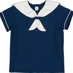 Eustache Boy Shirt and Short Set- Navy Seersucker/ White Cotton Piqué