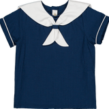 Eustache Boy Shirt and Short Set- Navy Seersucker/ White Cotton Piqué