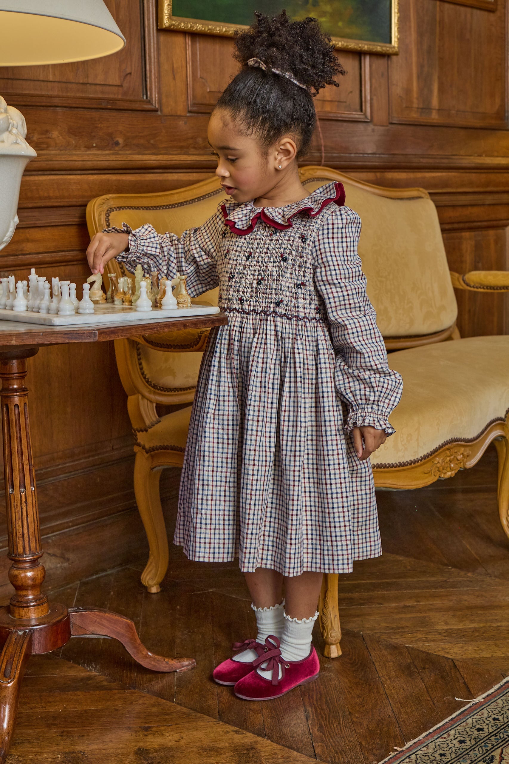 Kidiwi Joséphine navy and burgundy check dress