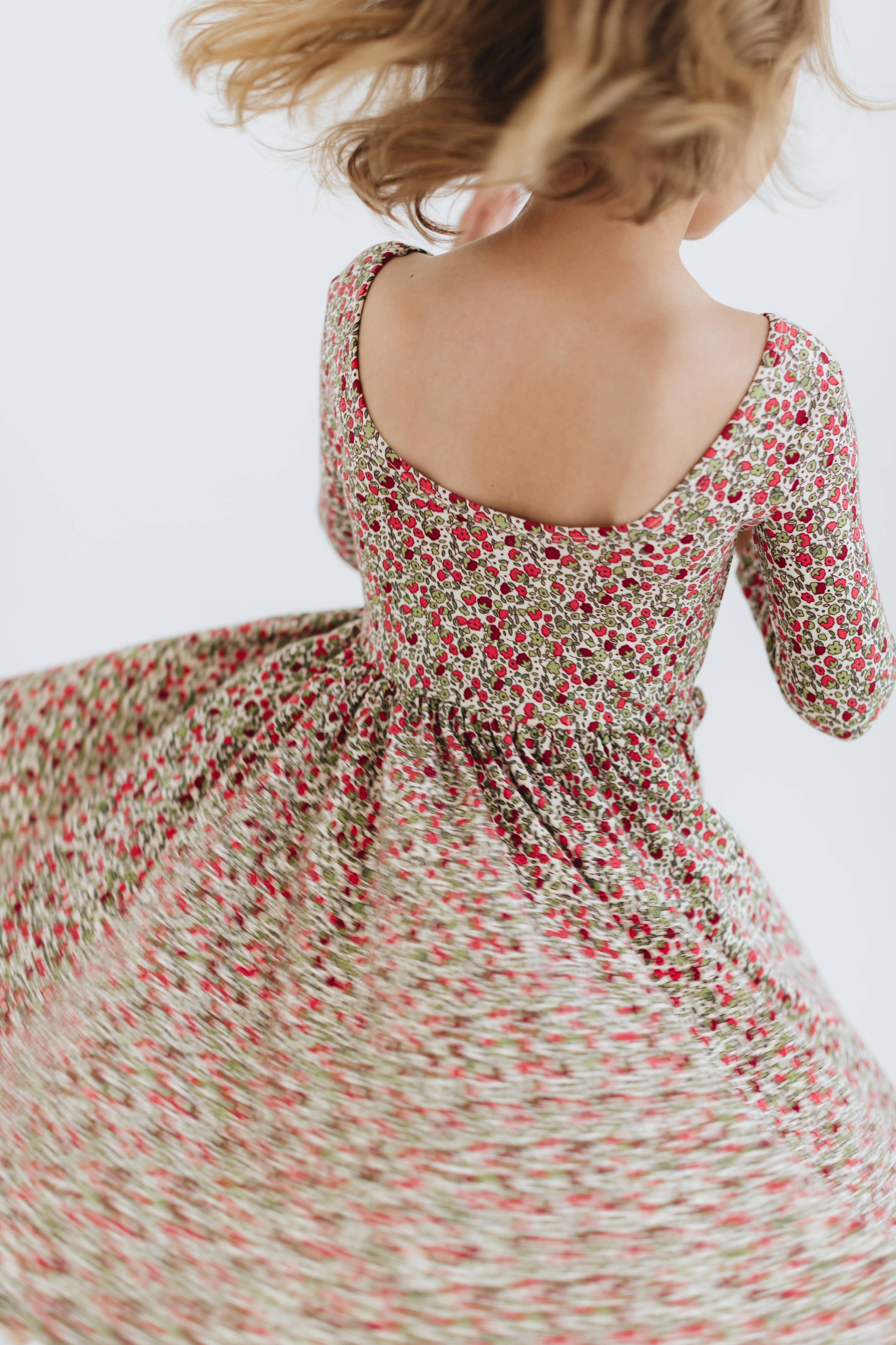 3/4 Sleeve Twirl Dress in Crimson Flora: Crimson Flora