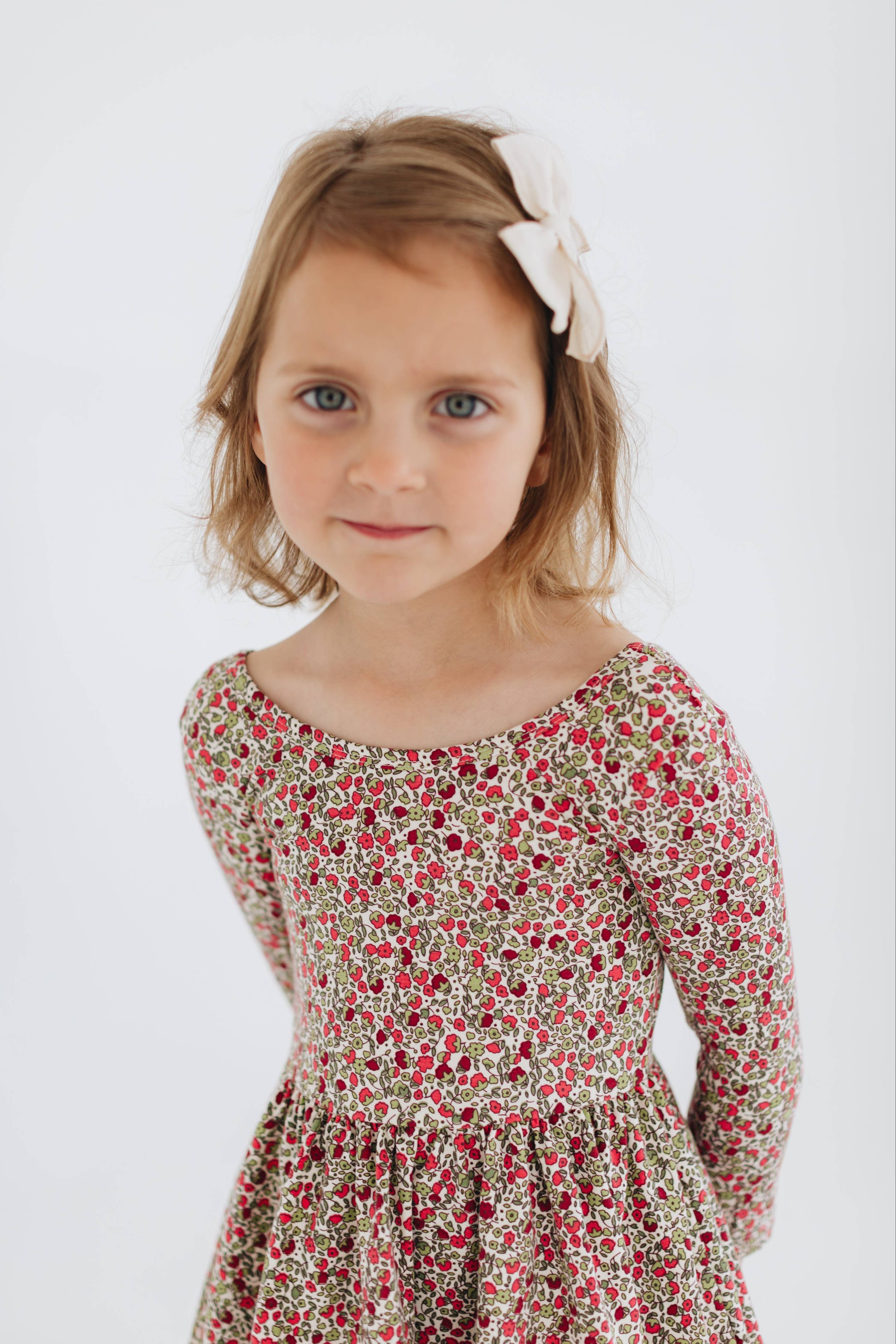3/4 Sleeve Twirl Dress in Crimson Flora: Crimson Flora