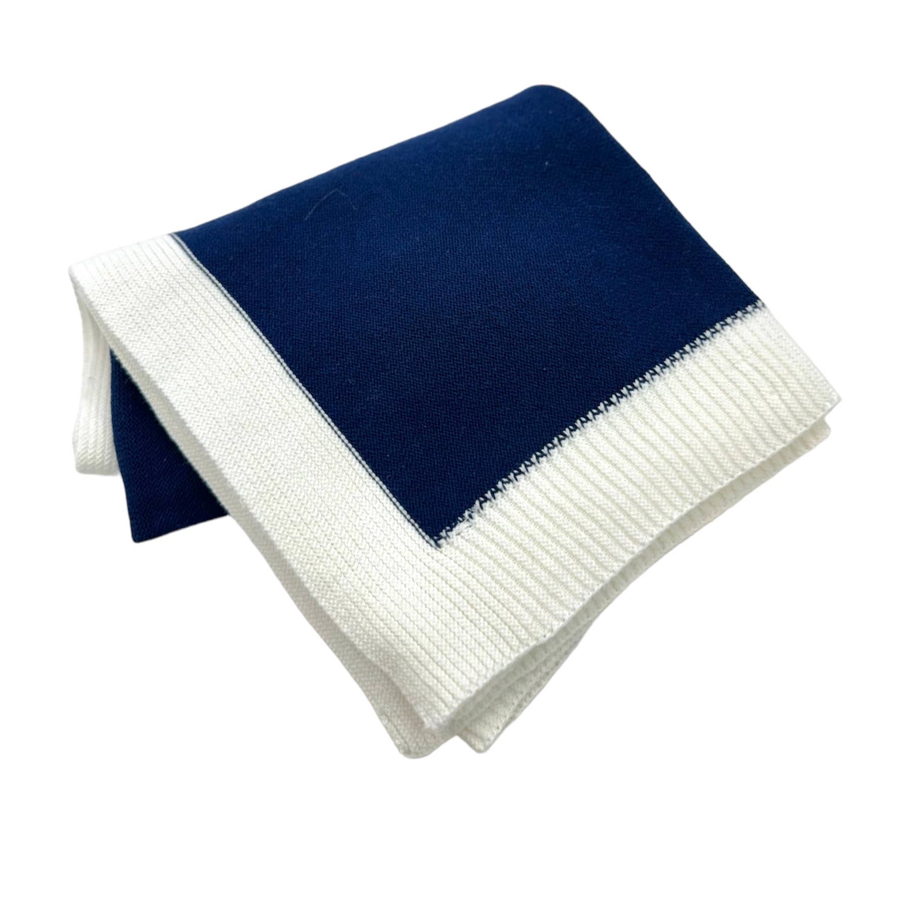 Jersey Knit Blanket with Contrast Rib Border: Navy/Cream