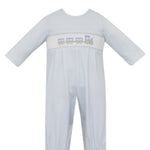Petit Bebe TRAIN light blue check knit boy's long footie with no feet, long sleeve