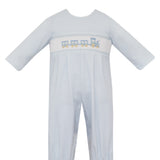 Petit Bebe TRAIN light blue check knit boy's long footie with no feet, long sleeve