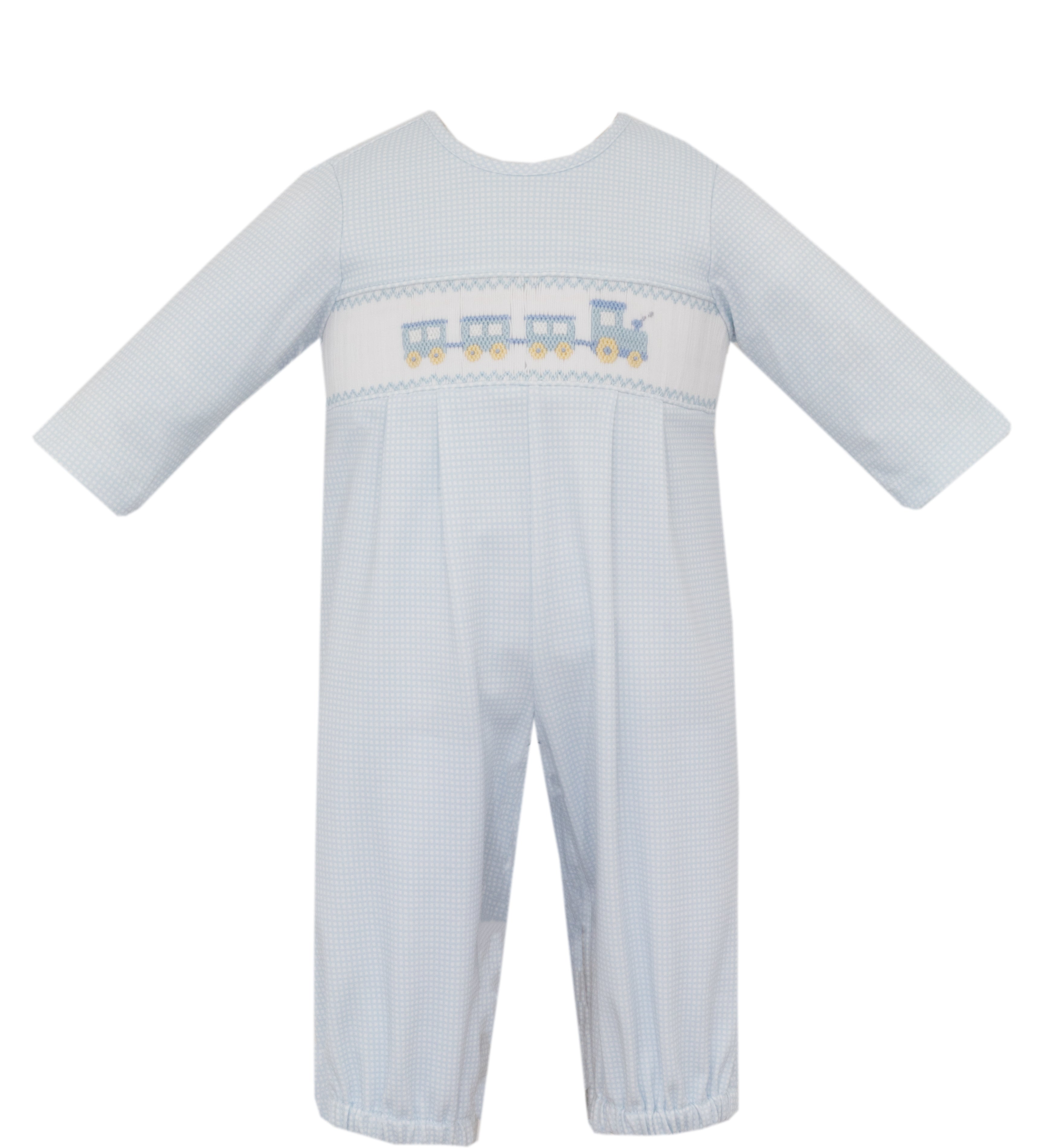 Petit Bebe TRAIN light blue check knit boy's long footie with no feet, long sleeve