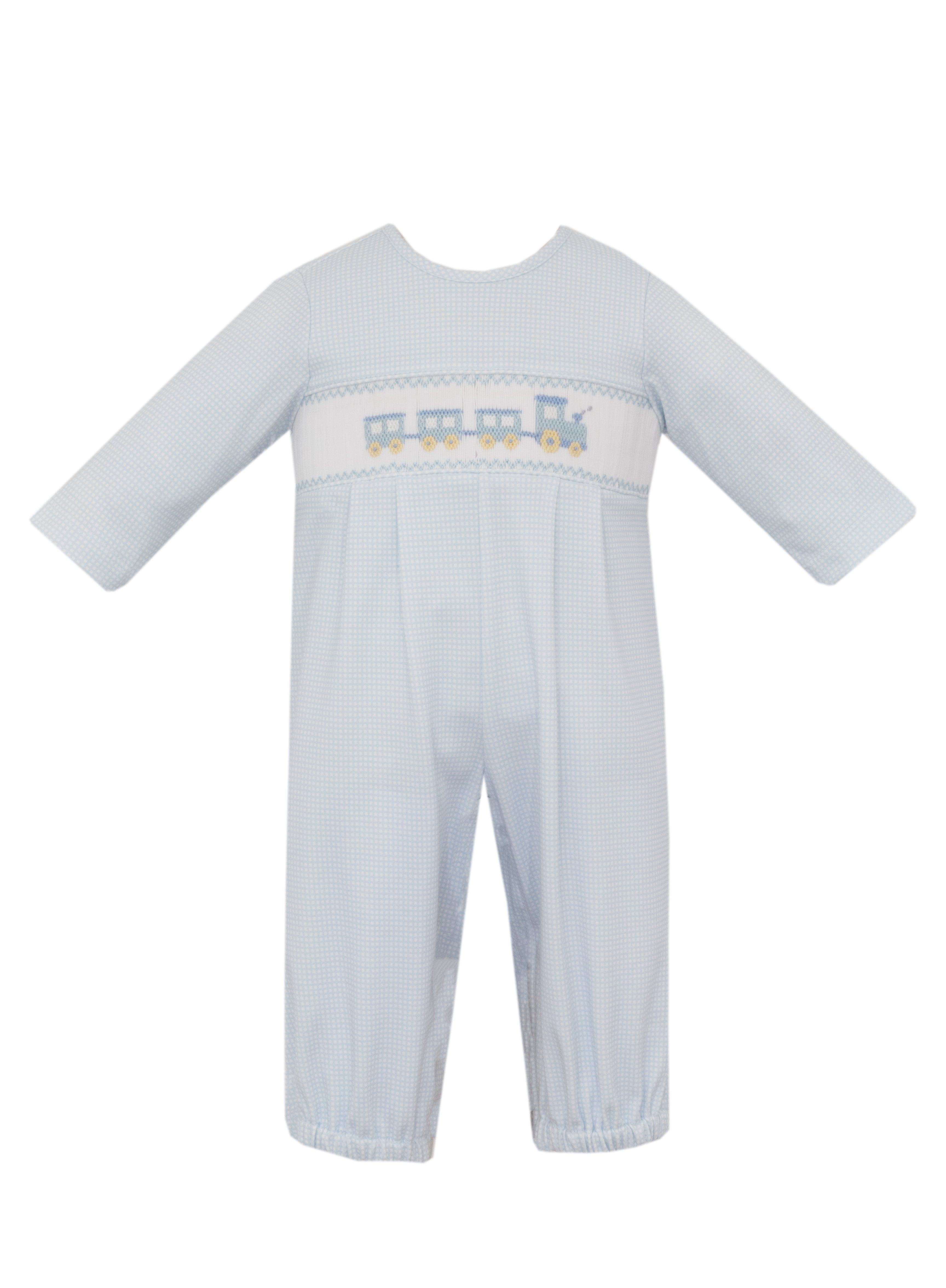Petit Bebe TRAIN light blue check knit boy's long footie with no feet, long sleeve