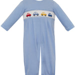 Petit Bebe Cars periwinkle knit stripe boys long footie without feet