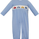 Petit Bebe Cars periwinkle knit stripe boys long footie without feet