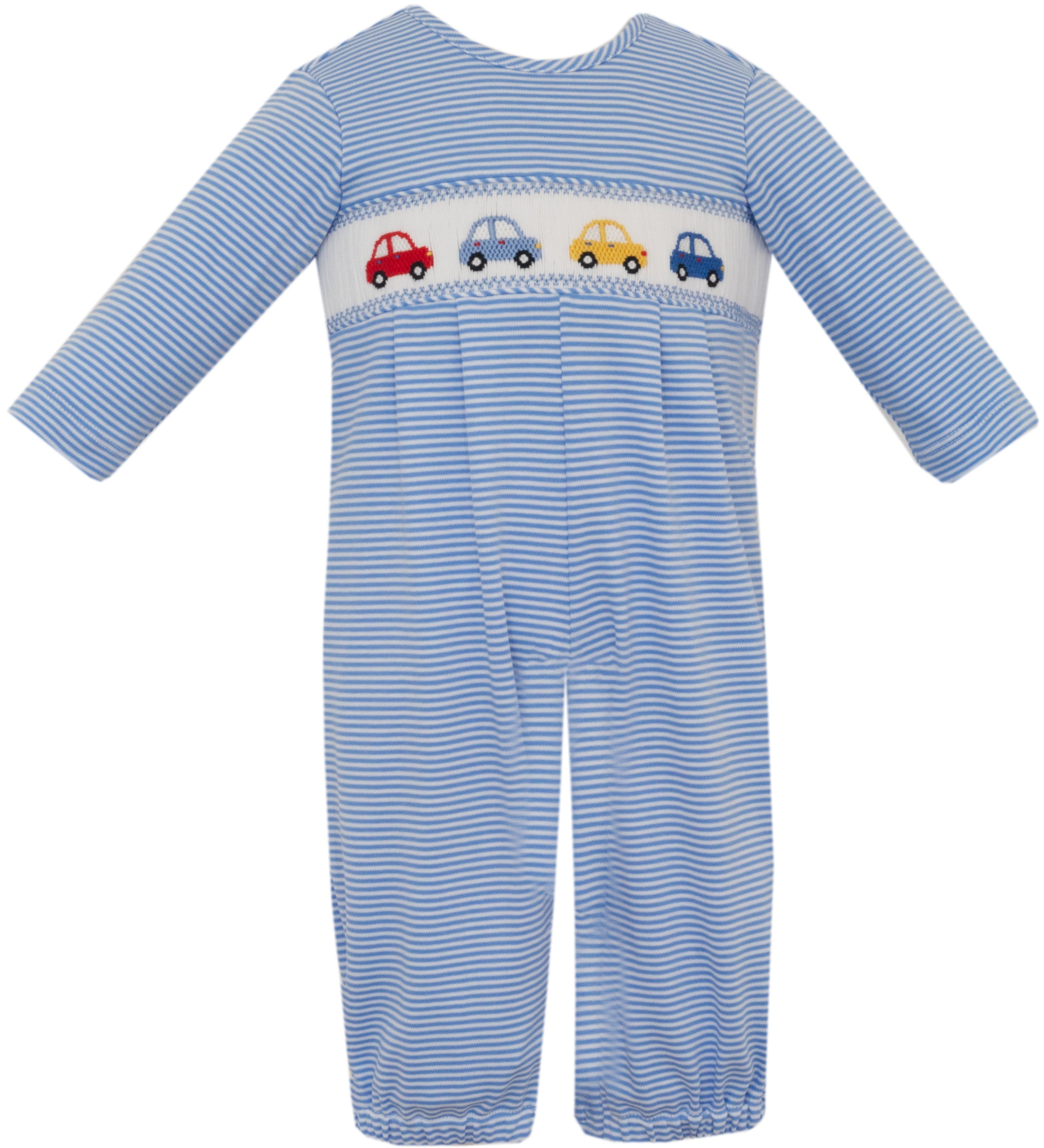 Petit Bebe Cars periwinkle knit stripe boys long footie without feet