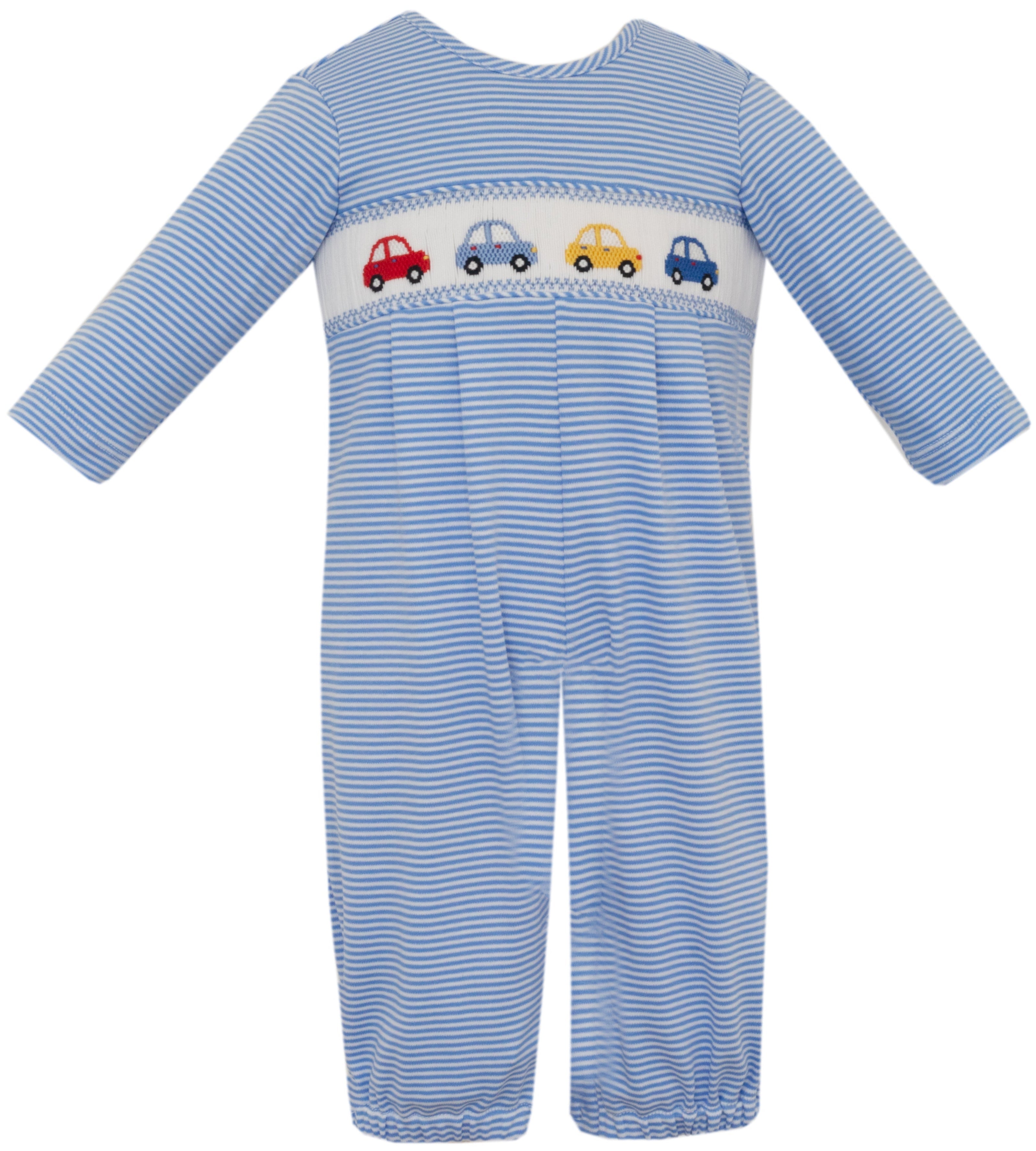 Petit Bebe Cars periwinkle knit stripe boys long footie without feet