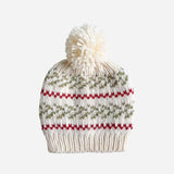 The Blueberry Hill Evergreen hand-knit baby hat in cream with moss green pine sprigs and red stripes