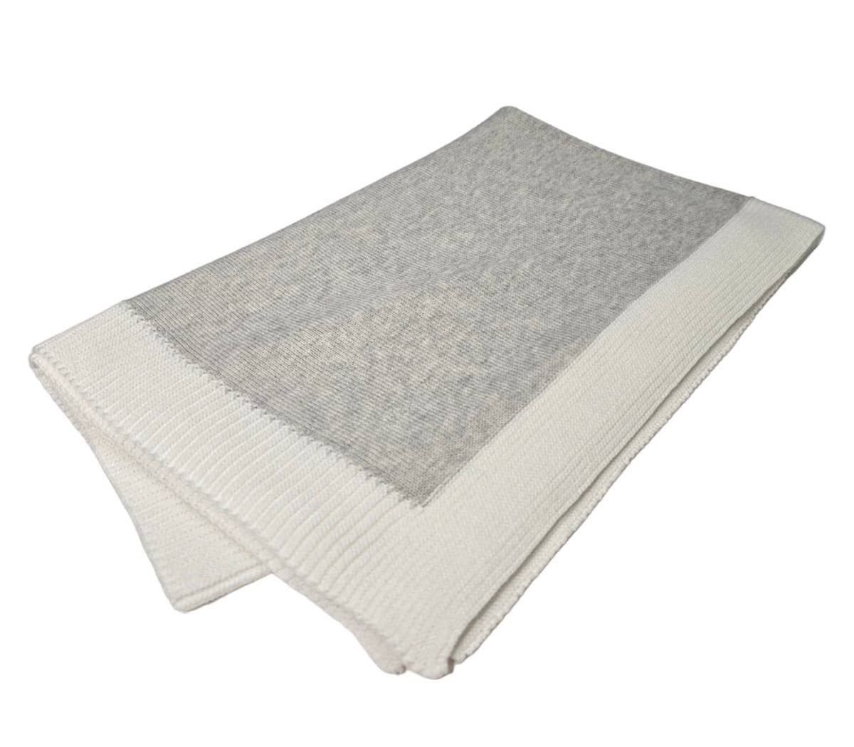 Jersey Knit Blanket with Contrast Rib Border: Heather Grey/Cream