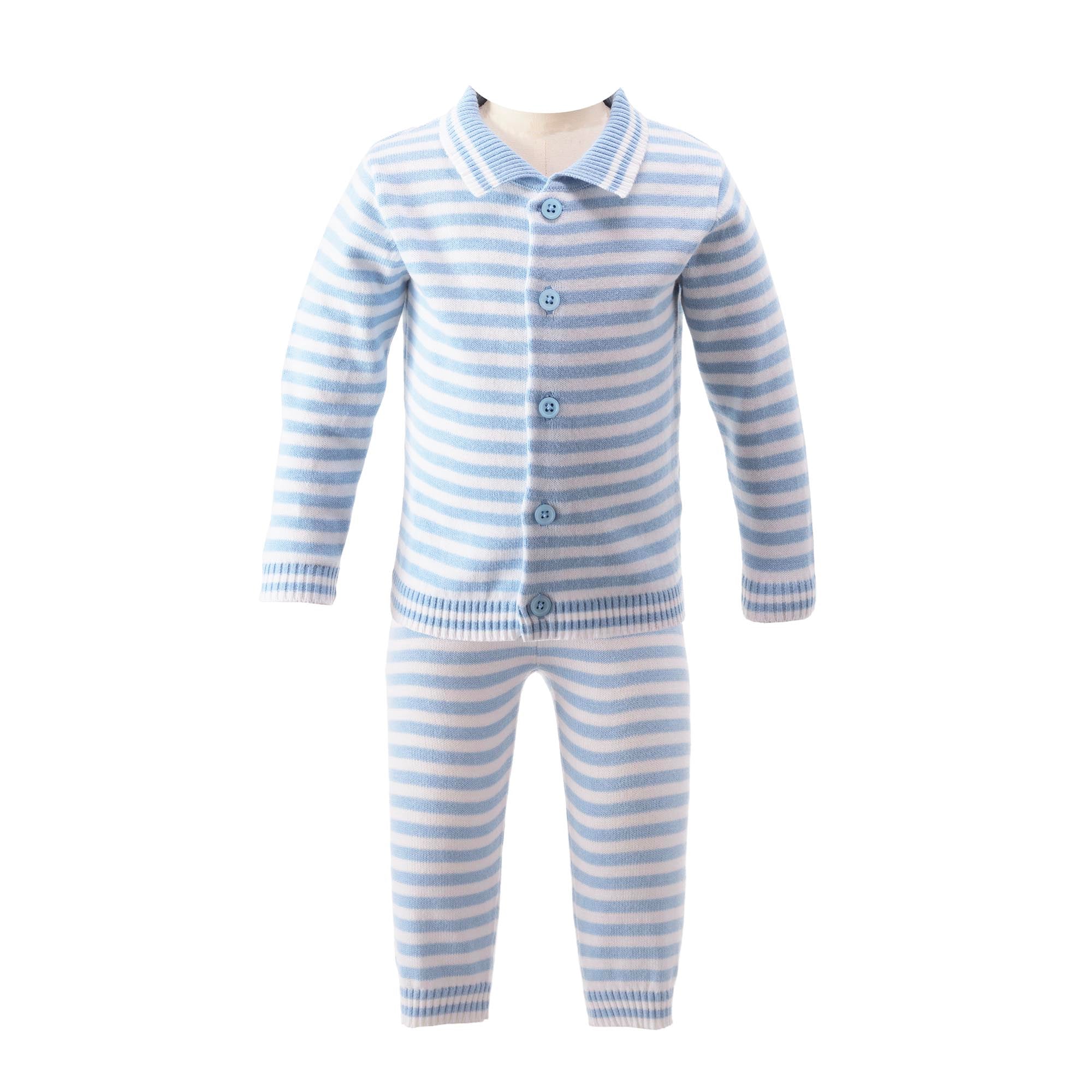 Rachel Riley blue and ivory striped knit set