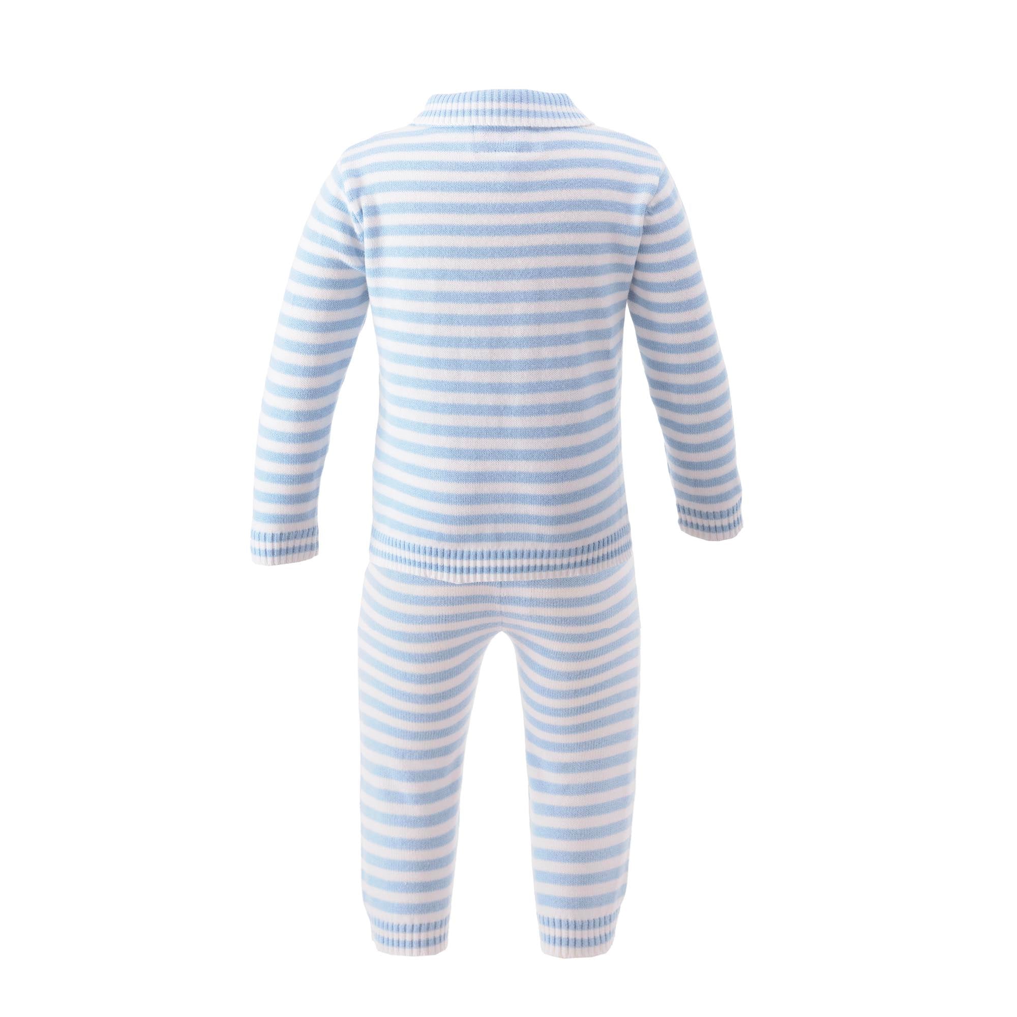 Back of Rachel Riley blue striped knit set